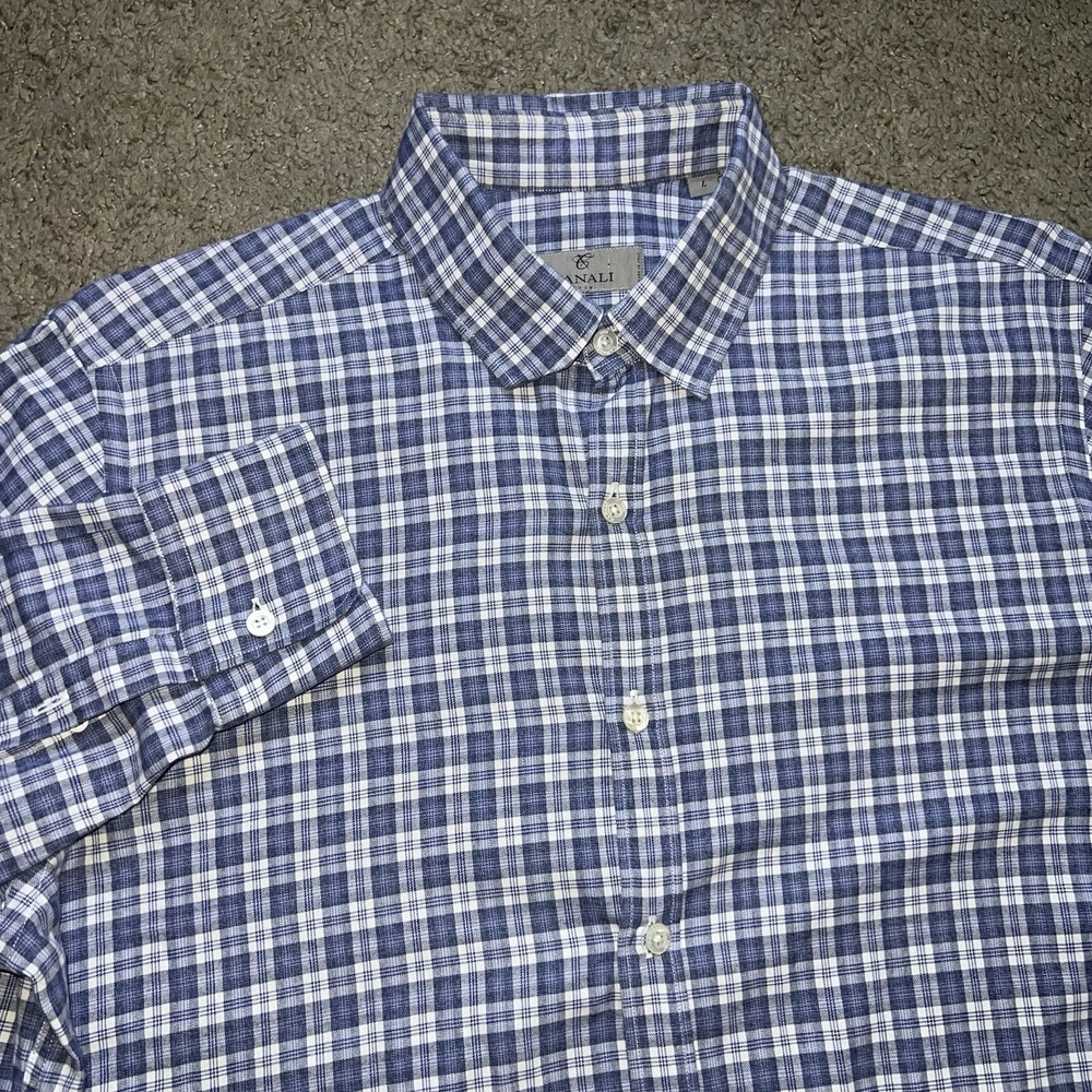Canali Mens Long Sleeve Button Up Shirt Size L Blue Plaid Made In Italy